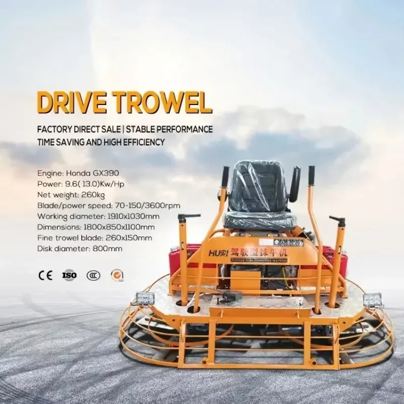 Fully hydraulic drive; hydraulic ride-on power trowelling machine