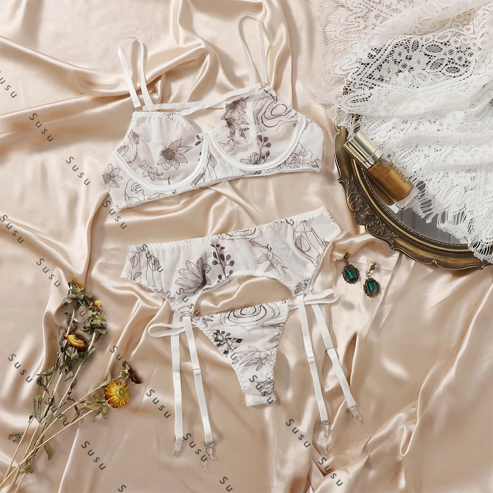 

Комплект нижнего белья для внешней торговли, сетчатые подтяжки с принтом, сексуальный комплект из трех предметов, независимая станция нижнего белья, новинка 2023 года.