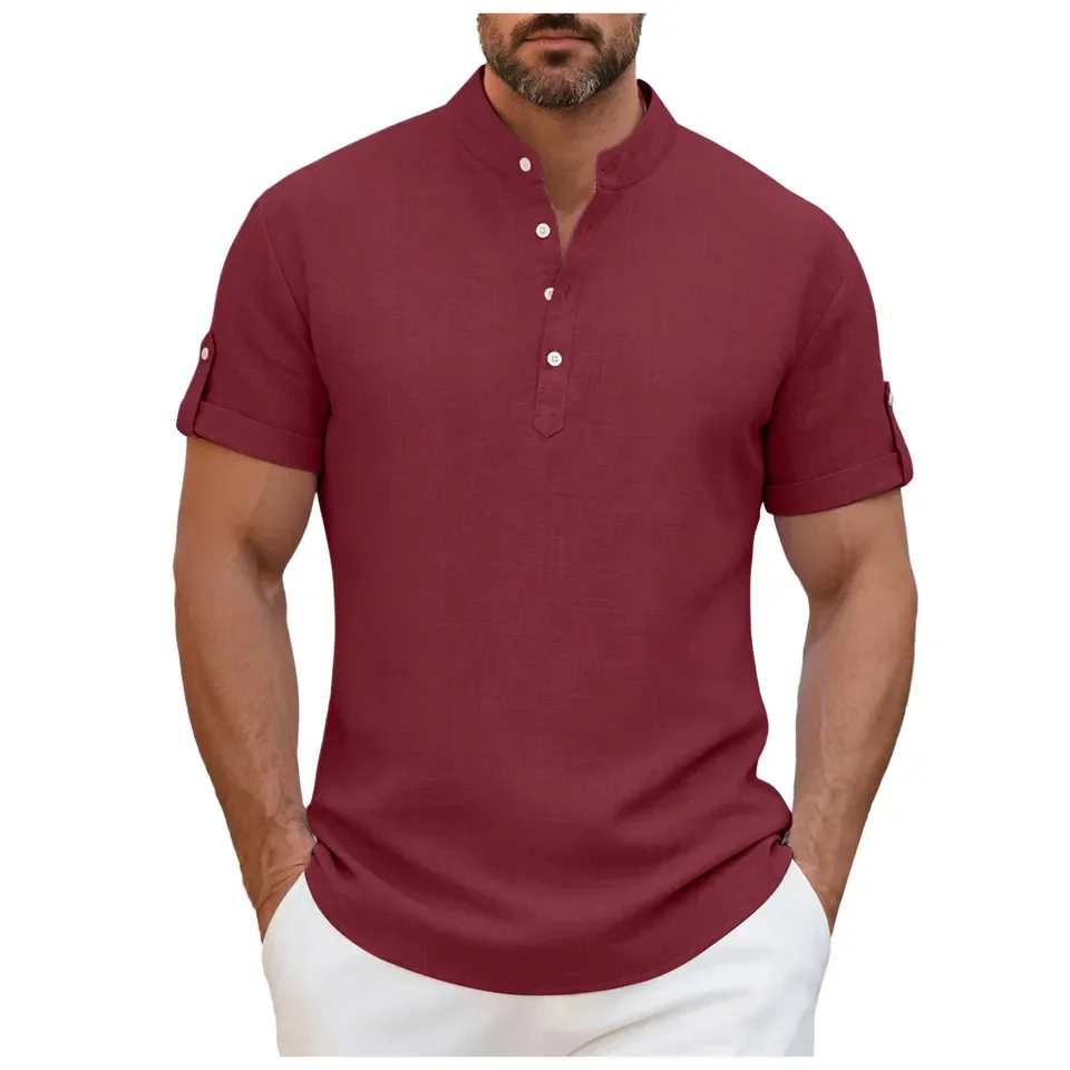 Men's T-Shirt Solid Color Button Pullover Short Sleeve Shirt Summer Blouse Casual Beach Style
