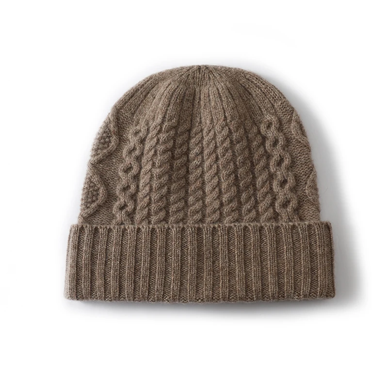 Pure Wool Hat for Men And Women Thick Twisted Knit Warm Woolen Cap with Earflaps All-Matching Autumn Winter Toque