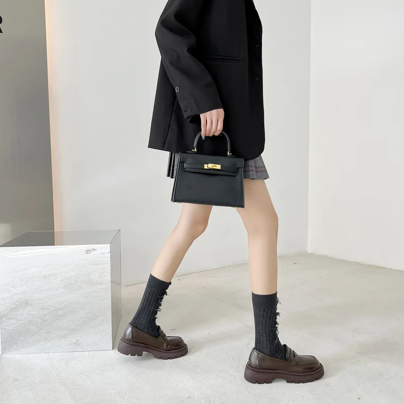 CINESSD Woman Leather Loafer Slip on Middle Chunky Heels Loafers Black Brown Women Shoe Platform Office Lady Pump Lolita Shoes