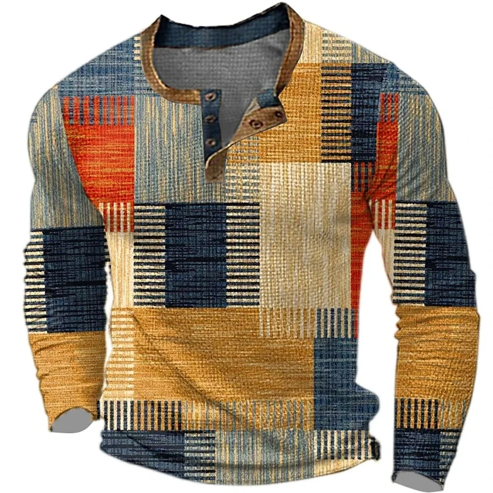 New Color Block Patchwork 3D Printed Henley Shirts Men\'s Fashion Vintage Button-Down Long Sleeve T Shirt Man Tees Tops Clothing