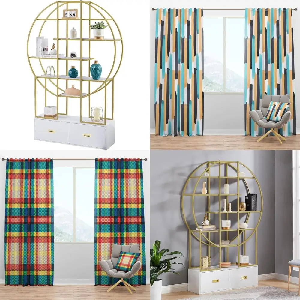 رف كتب حديث بإطار ذهبي مكون من 5 طبقات مع درجين، منظم رف عرض دائري، حل تخزين أنيق