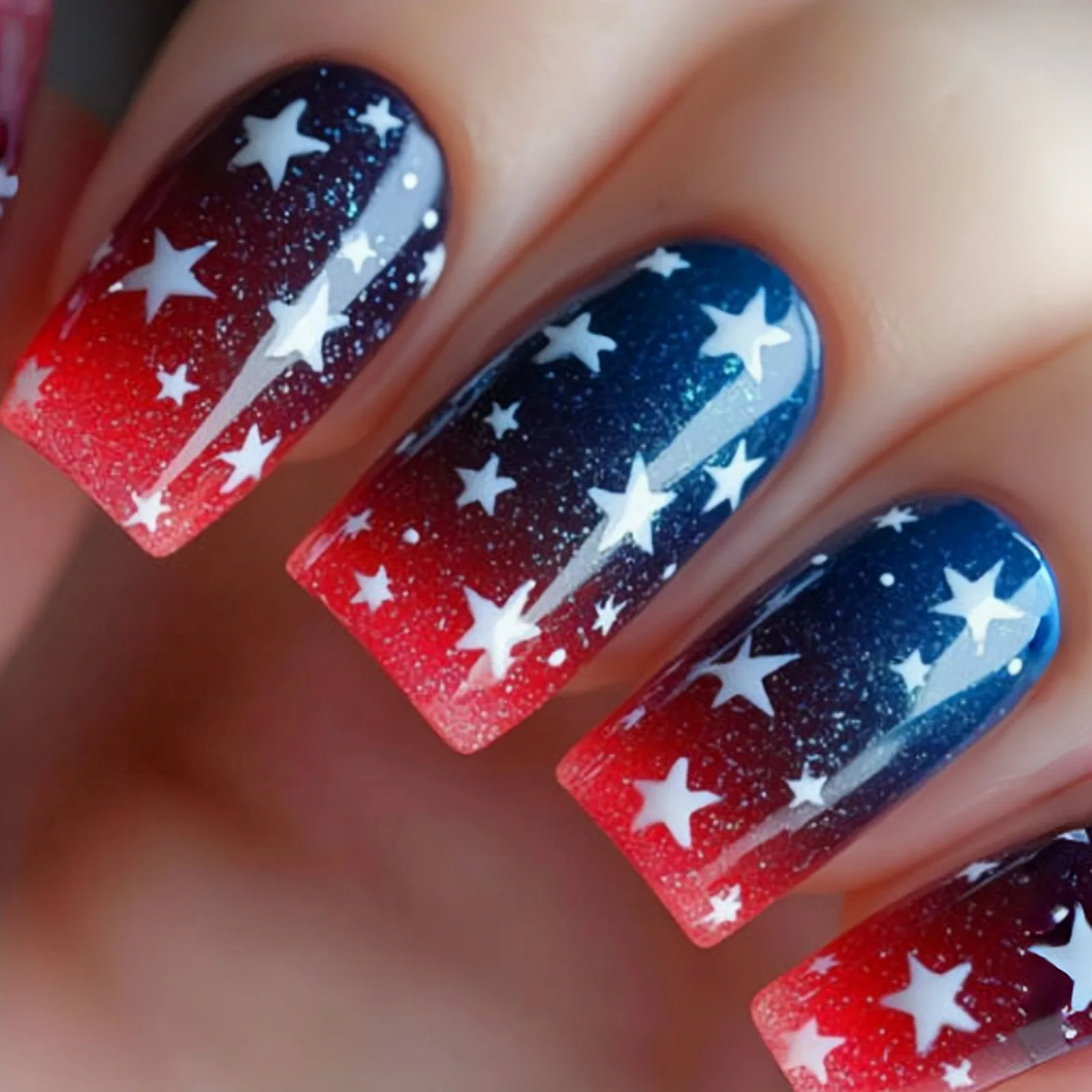 24pcs/set Short Medium square ballet fake nails tip for American Independence Day blue red flowers star flag press on false nail - Detail 1