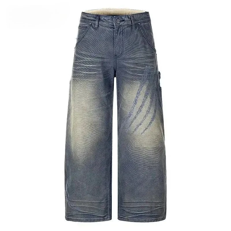 Presale Vintage Blue Men's Washed Jeans Scratch Detail Faded Wide Leg Baggy Casual Streetwear Denim Long Pants