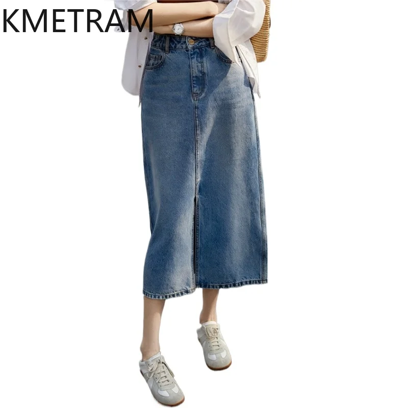 KMETRAM 100% Cotton Denim Midi Skirts for Women High Waist Front Slit A-Line Skirt Casual Summer Skirts 2026 Woman Clothes юбка