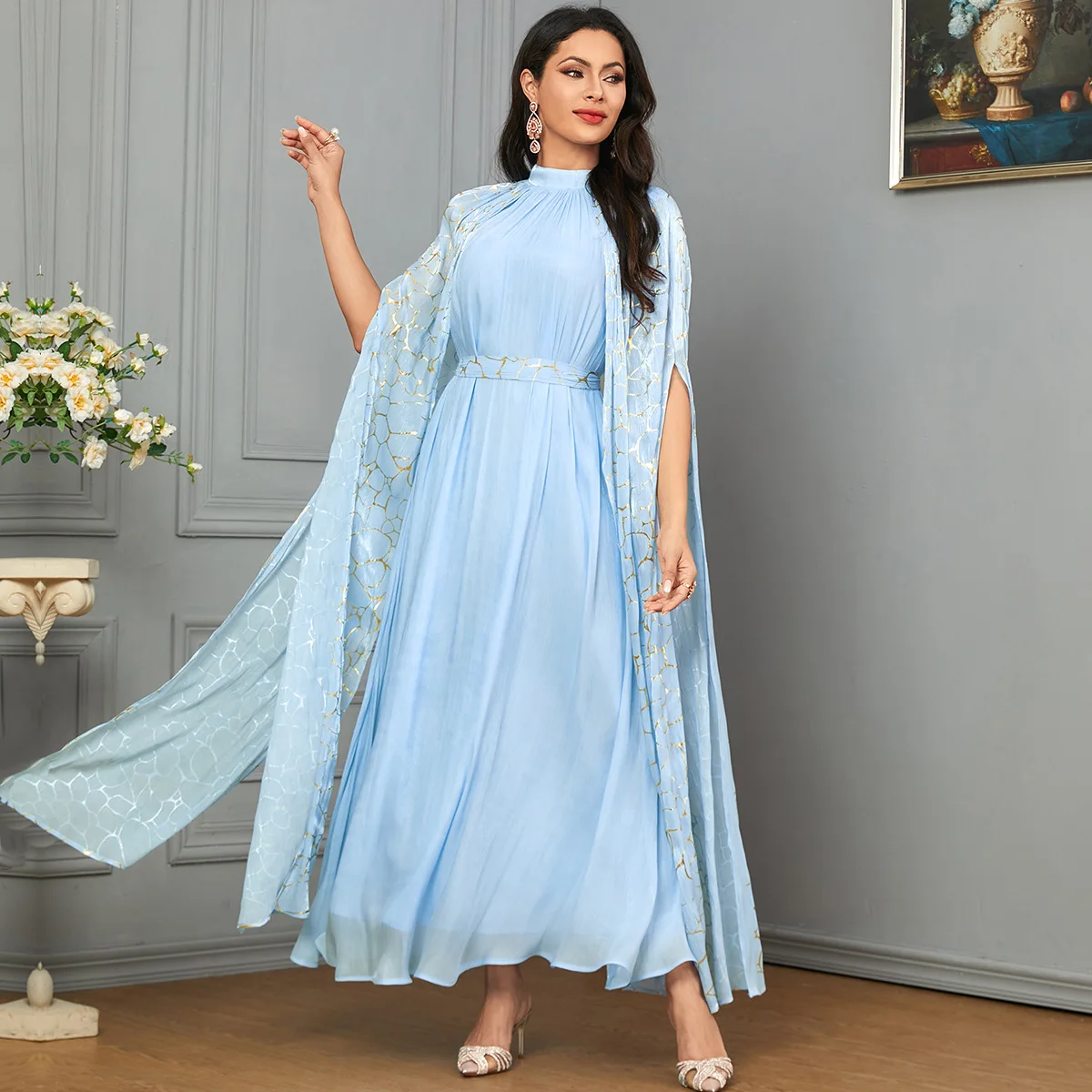 

Elegant Women Maxi Dress Cape Sleeve Formal Evening Kaftan Party Wedding Long Dresses Cocktail Islamic Gown Eid Djellaba Vestido