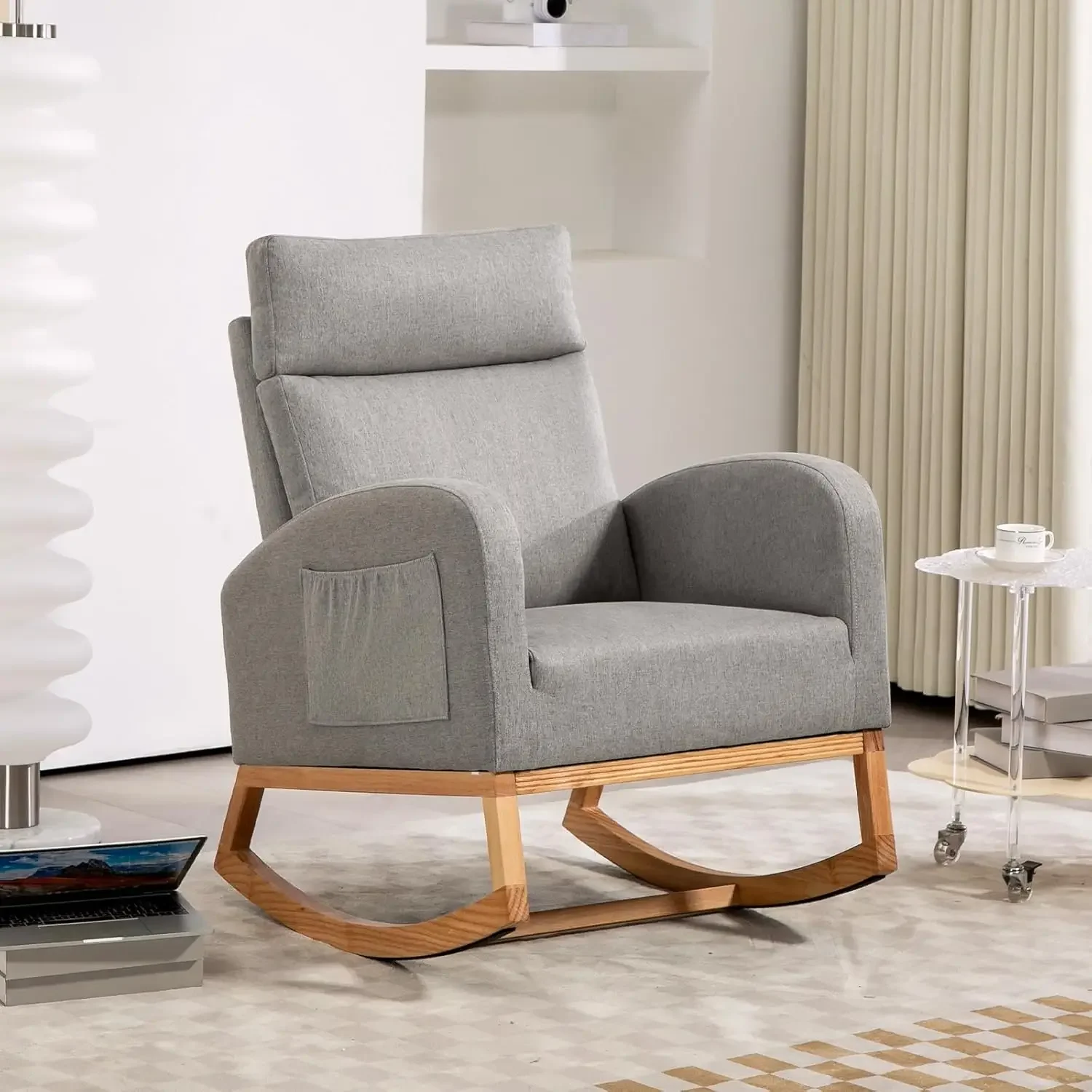 Chair Nursery Glider Chair, Upholstered Rocking Chair for Nursery with Rubber Wood Legs, Comfy High Backrest, Side Pocke