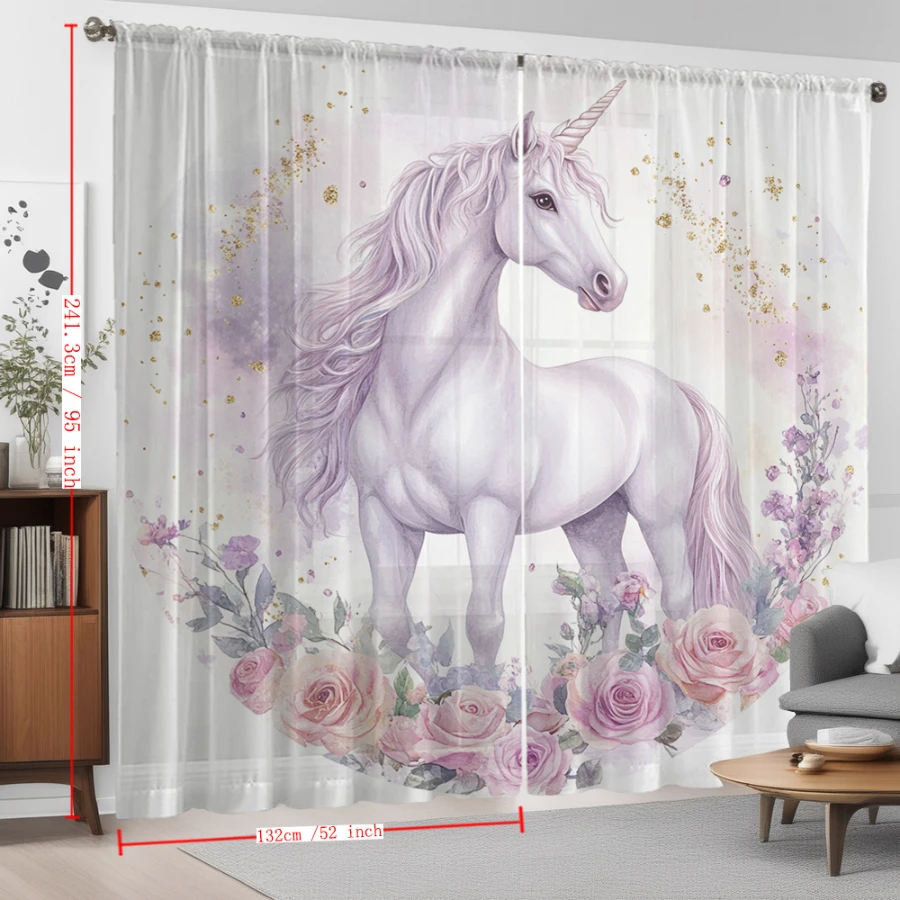 2PCS Digital Print Sheer Curtain, Purple Unicorn, Whimsical Fantasy Window Curtains for Living Room Bedroom Home Decor