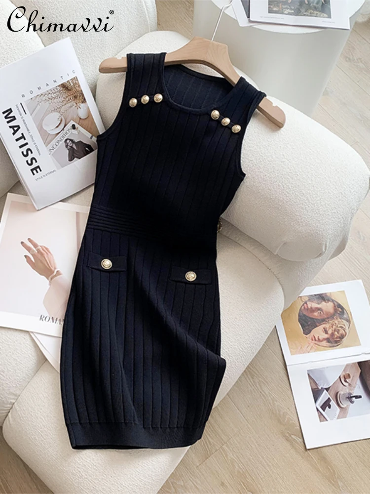 

Office Lady Black Sexy Dress 2024 Summer Temperament Commute Sleeveless Slim Fit Skinny Sheath Knitted Bodycon Dresses Women