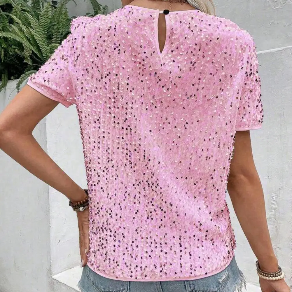 

Женский летний топ с блестящими пайетками и коротким рукавом, приталенный пуловер, блузка для выступлений на сцене, топ на бретелях, клубная одежда, футболка
