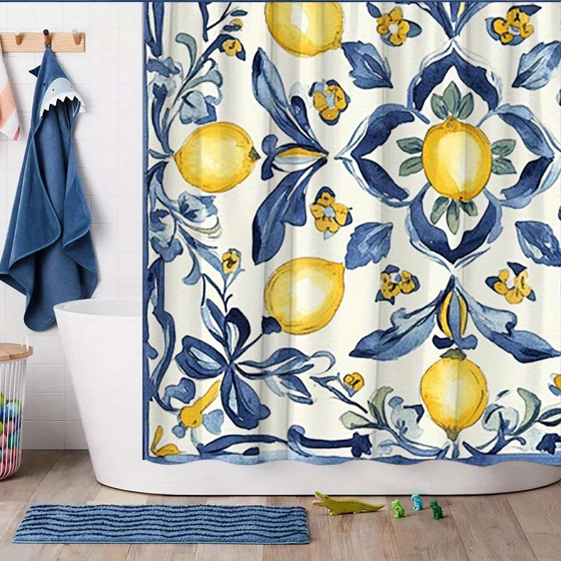

1pc Lemon & Blue Foliage Shower Curtain - Mediterranean Watercolor, Cream Background, 70.8x70.8", Polyester, Easy to Clean
