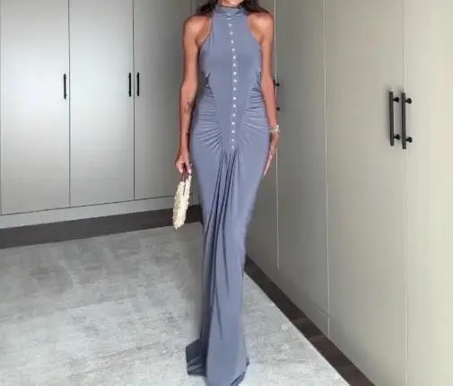 

Womens Dresses 2025 Spring Summer New Solid Color Sleeveless Single Breasted Casual Round Neck Slim Fit Ruched Long Dress