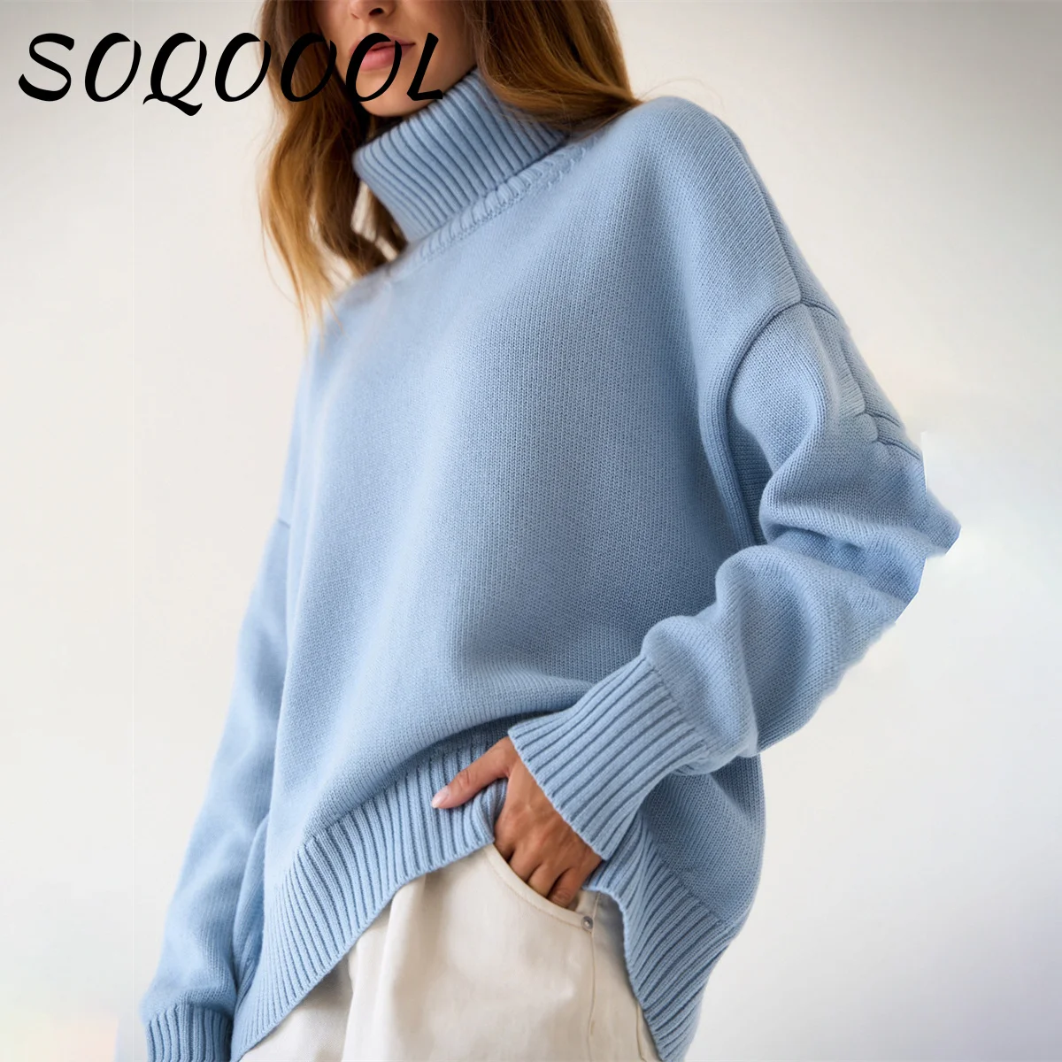 Damski sweter z golfem elegancki sweter CHIC jesienno-zimowy gruby ciepły sweter Top ponadgabarytowy Casual luźny, podstawowy sweter z dzianiny