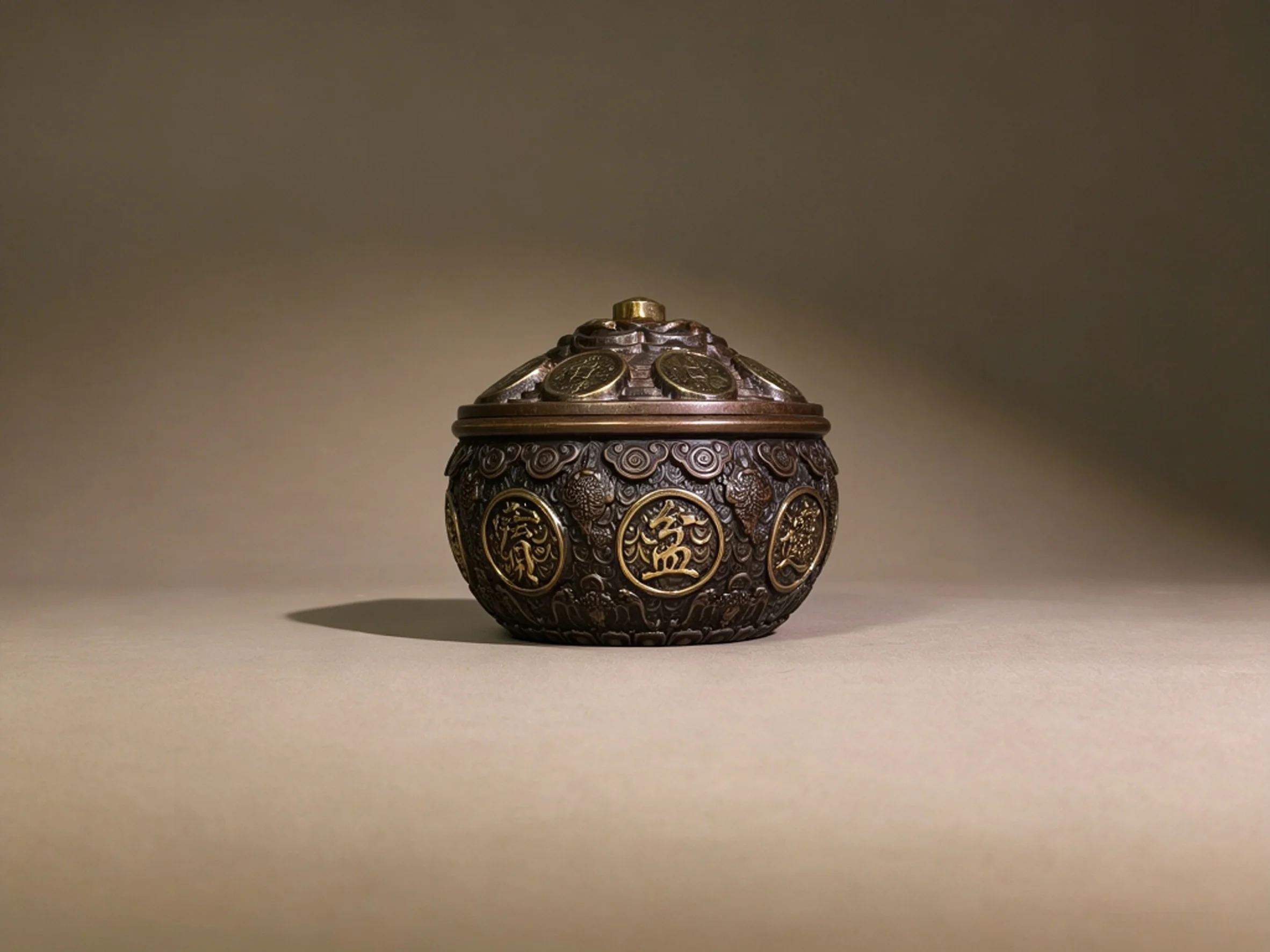 Exquisite Pure Copper Treasure Bowl with Lid, Golden Toad, Five Emperors Copper Coins, Antique Ornaments for Desktop Decoration,
