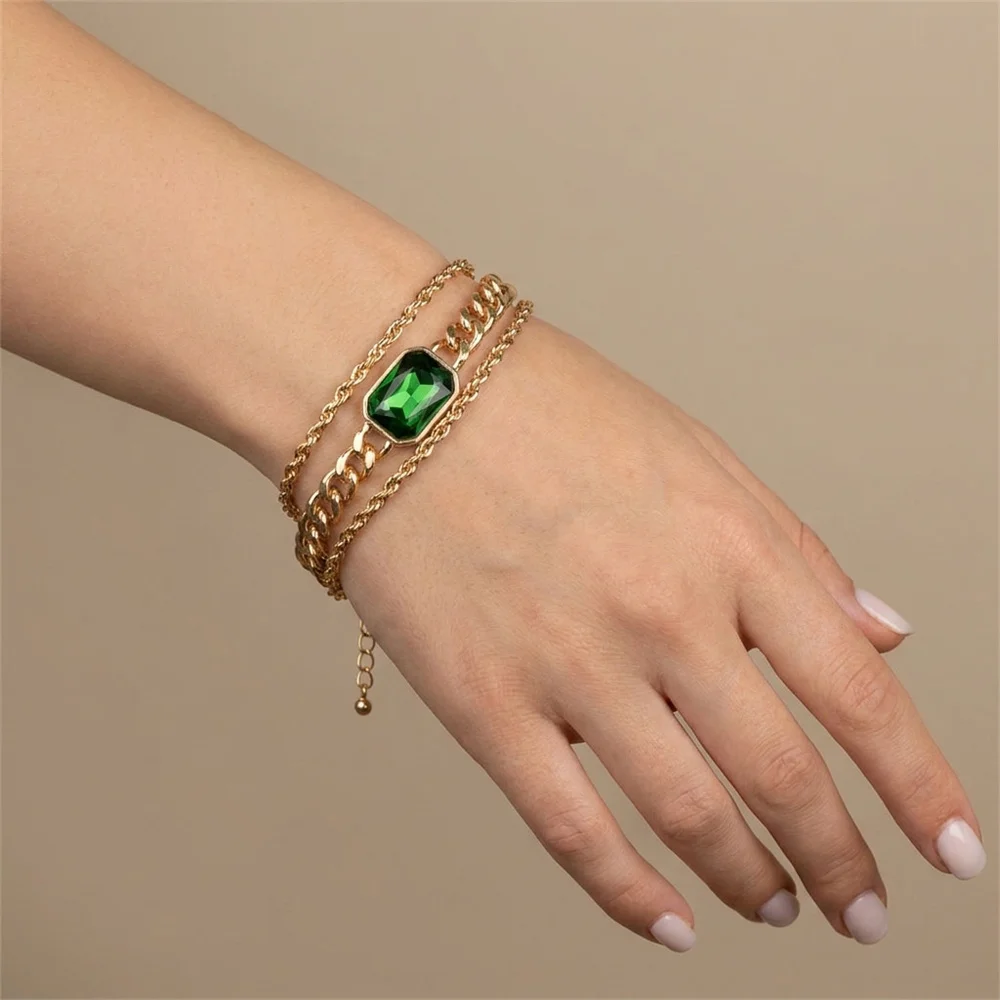 Casual Gold Color Plating Green Square Gem Charm 2 Bracelet Pack For Women Girl Classic Daily Fashion Jewelry Gift
