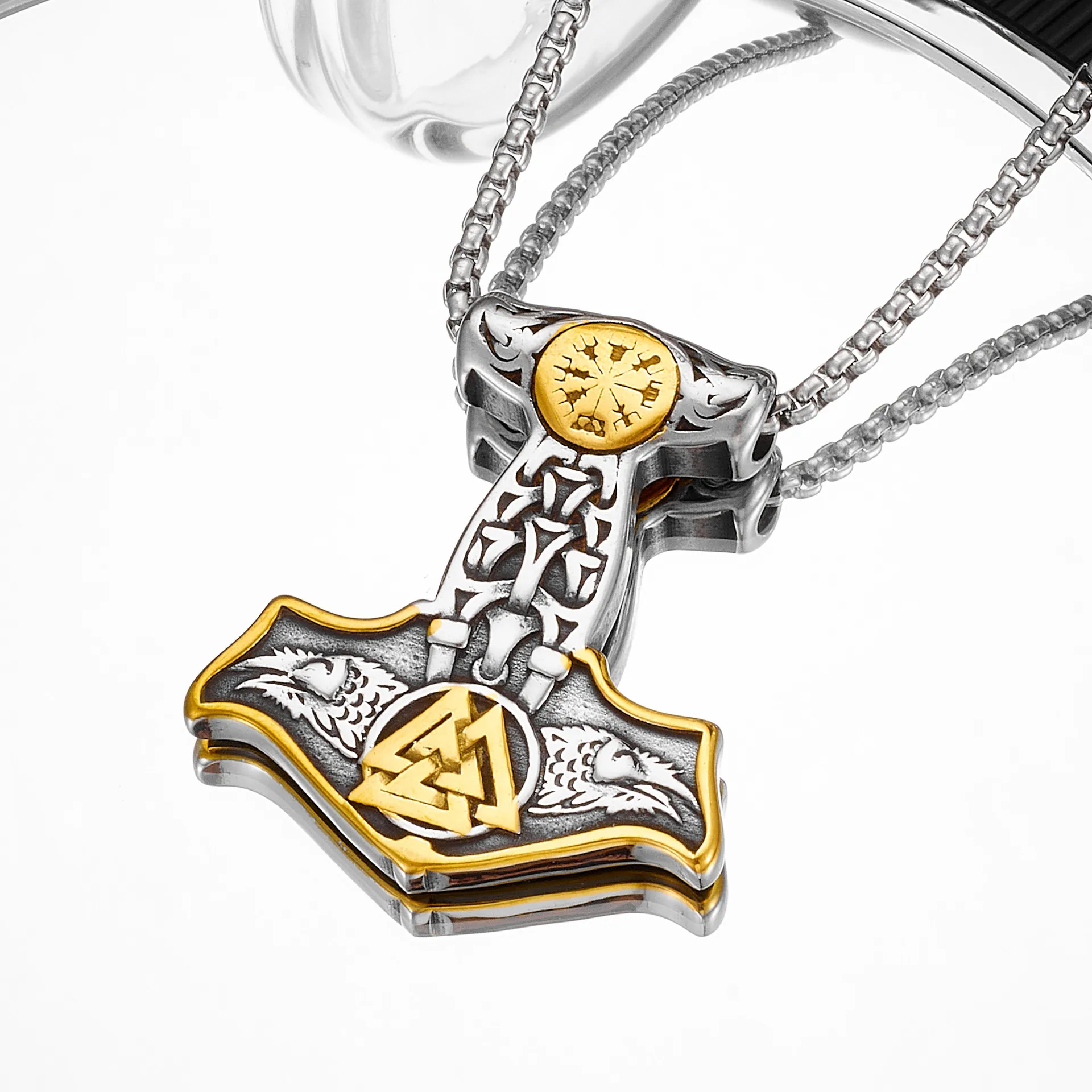 Unique Viking Mjolnir Raven and Norse Rune Pendant Stainless Steel Thor's Hammer Necklace Men's Road Sign Compass Amulet Jewelry