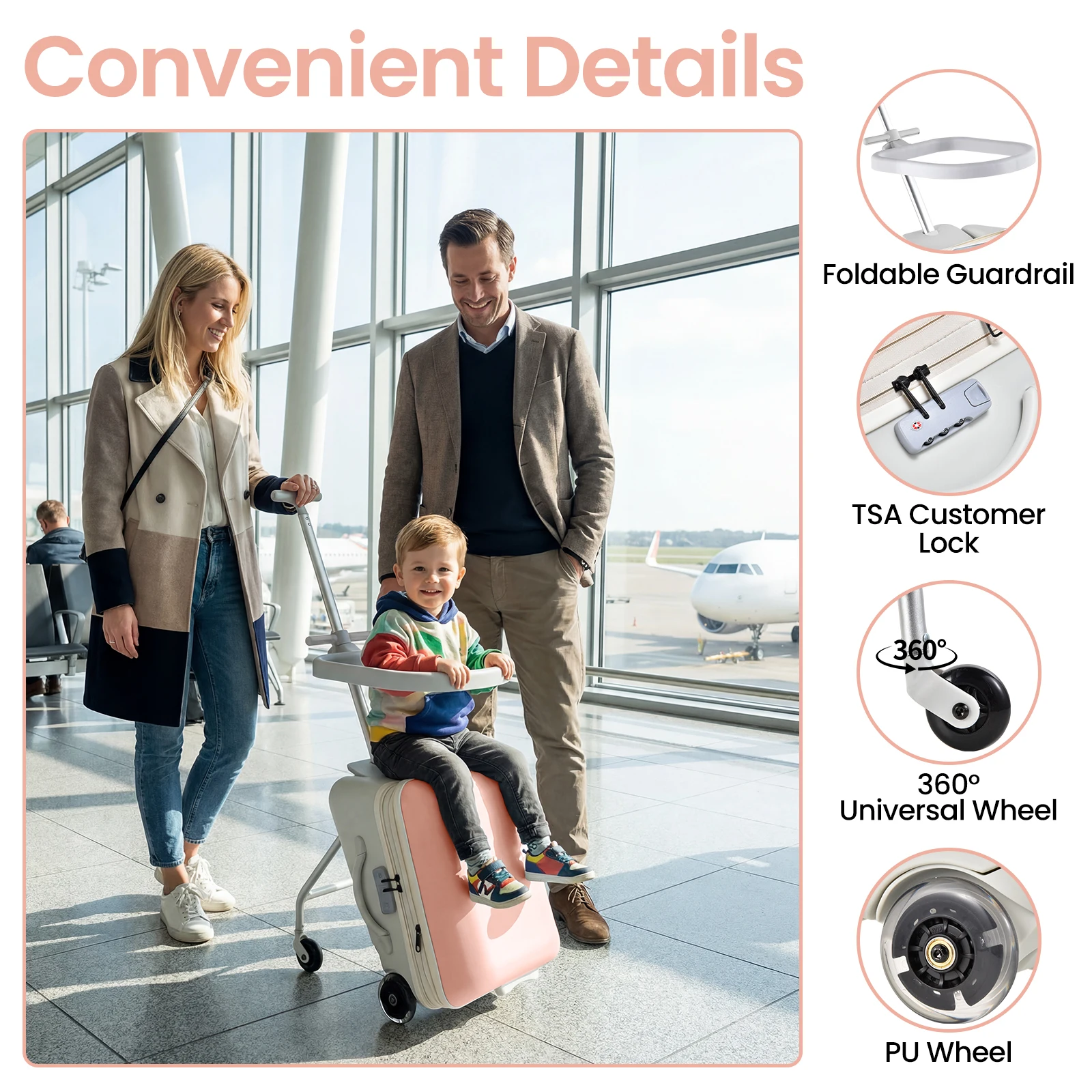 Kids Ride on Suitcase 20 Inch Stroller Luggage 2 in 1, Rideable Carry on Travel Bag with Detachable Seat, Toddler Suitcase with Smooth Spinner Wheels and Telescoping Handle for Boys Girls, Blue and Pink view 4