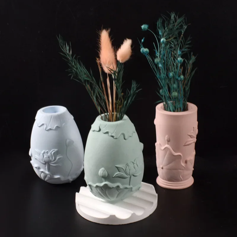 Bottles Vase Silicone Mold Relief Lotus Leaf Pattern Flowerpot Gypsum Concrete Mold Pen Holder Planter Mould Test Tube Vase Mold