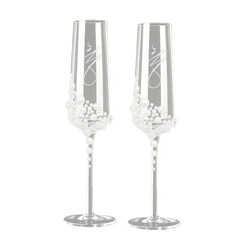 A96K-Cursive Script Design Elegant Pearl Crystal Champagne Glasses Handcrafted Clear Glassware For Wedding,Bridal Shower