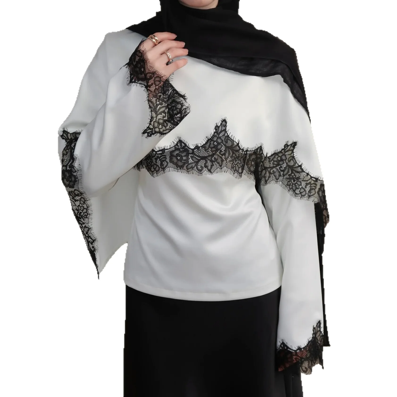 Women Top Blouse Fake Two Pieces Lace Patchwork Eid Muslim T Shirts Round Collar Flare Sleeve Dubai Ramadan Blouses Spring 2026
