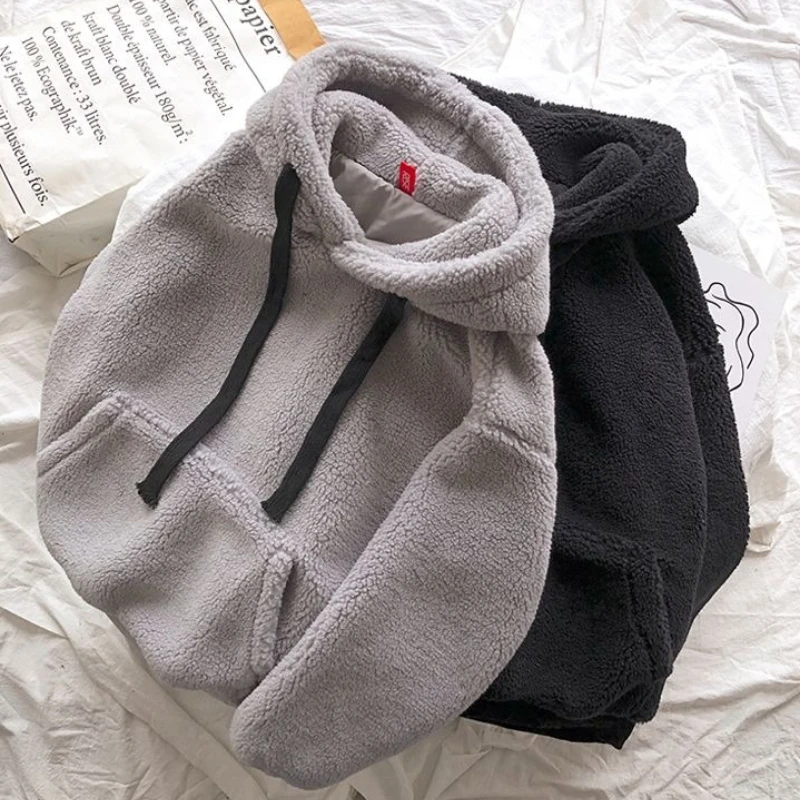 Korean Chic Lamb Wool Hooded Sweatshirt Couple Matching Simple Genderless Brushed Warm Oversized Long Sleeve Upper