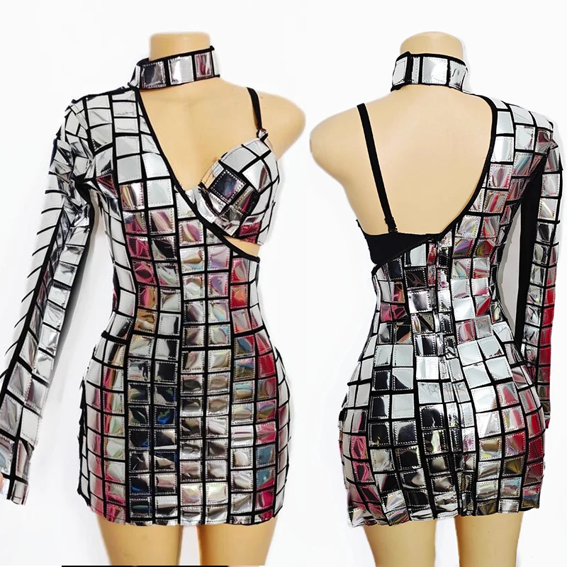 

Drag Queen Costume Silver Mirror Stage Outfit Single Sleeve Gogo Show Performance Clothes Nightclub Party Ds Rave Clothing 3219