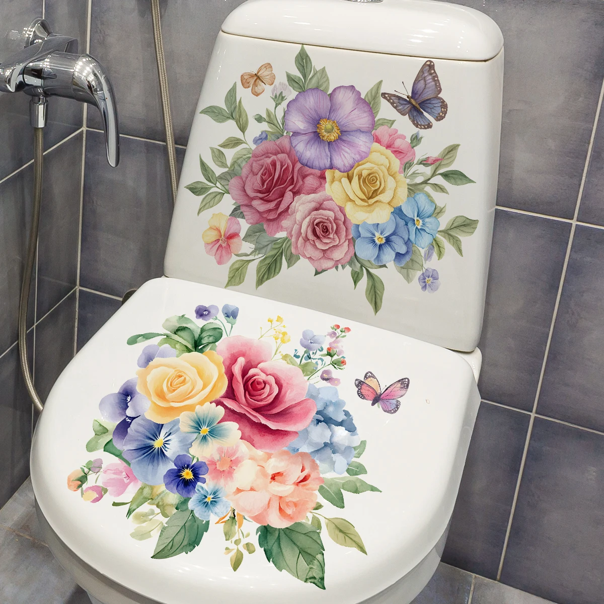 2PCS Painted Flower Bathroom Toilet Stickers Home Wall Waterproof Wall Stickers