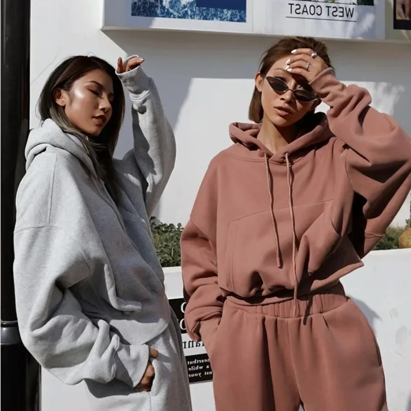 

Korean Women's Warm Hoodie And Pants Set Oversized Hoodie And Sweat Pants Set Autumn Winter Women's Sweatshirt Two-piece Set