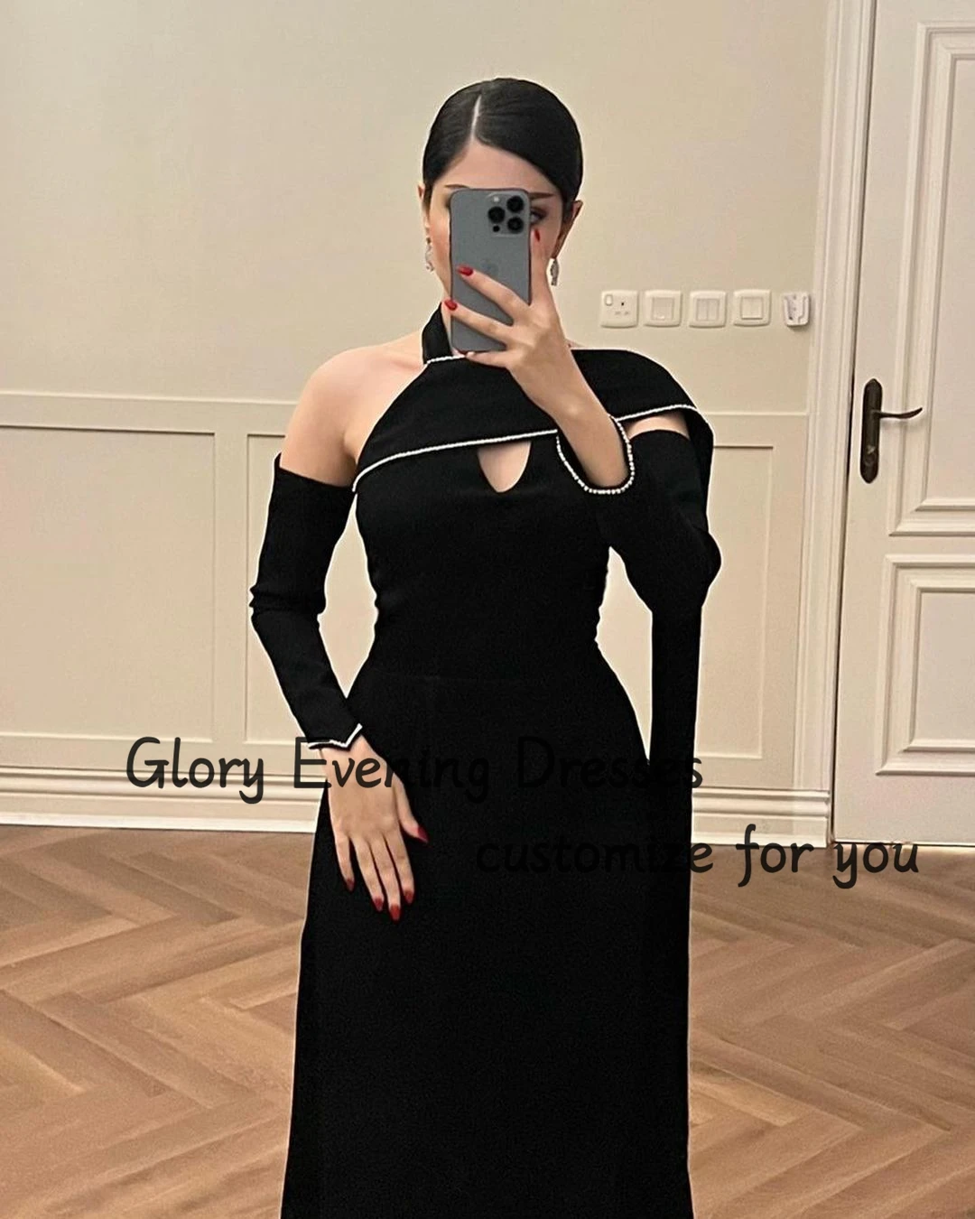 Classic Black Halter Prom Dresses Long OverSleeves Ankle-length Elegant Evening Dress Party Gown فساتين مناسبة رسمية