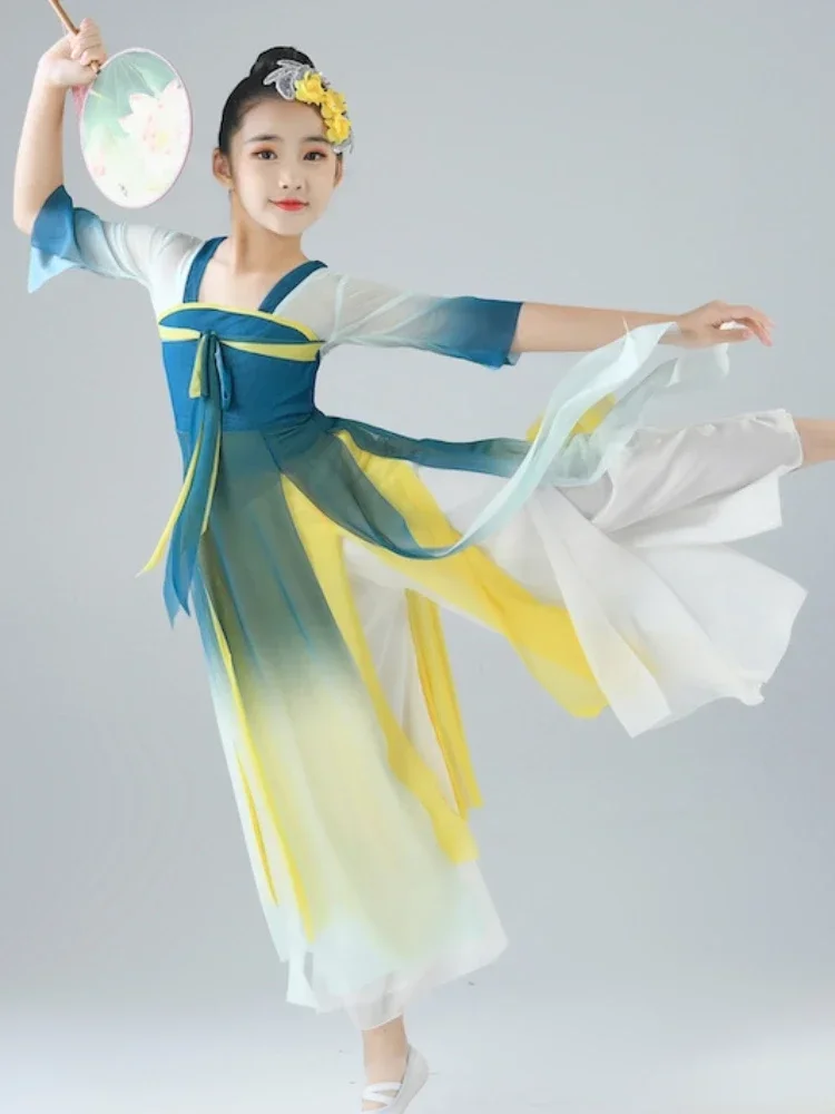 Chinese Style Hanfu Children Classical Yangko Dance Costumes Umbrella Fan Dance Performance Clothing Ancient National Dance Wear