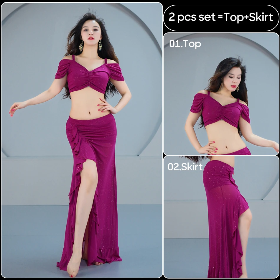 Buikdansvoorstellingskostuums voor vrouwen 2-delige set top + rok enkele split sexy prestatiekostuum danskleding outfit pak