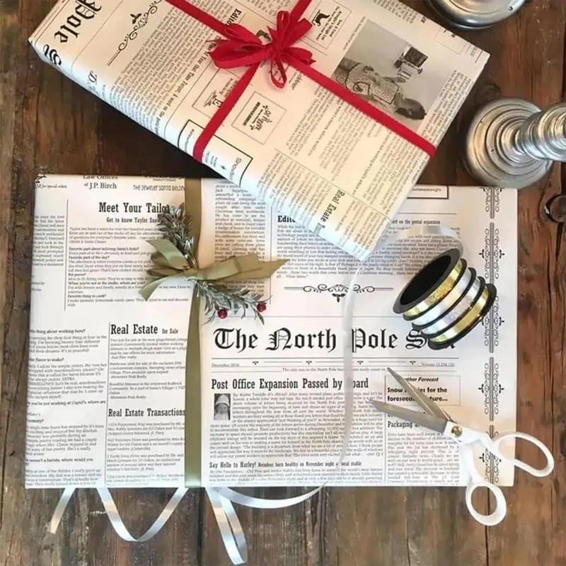 5 Sheets Santa Newspaper for Packaging Flower Retro Newsprint Wrapping Paper Art Paper for Wedding Birthday Parties Craft Decor