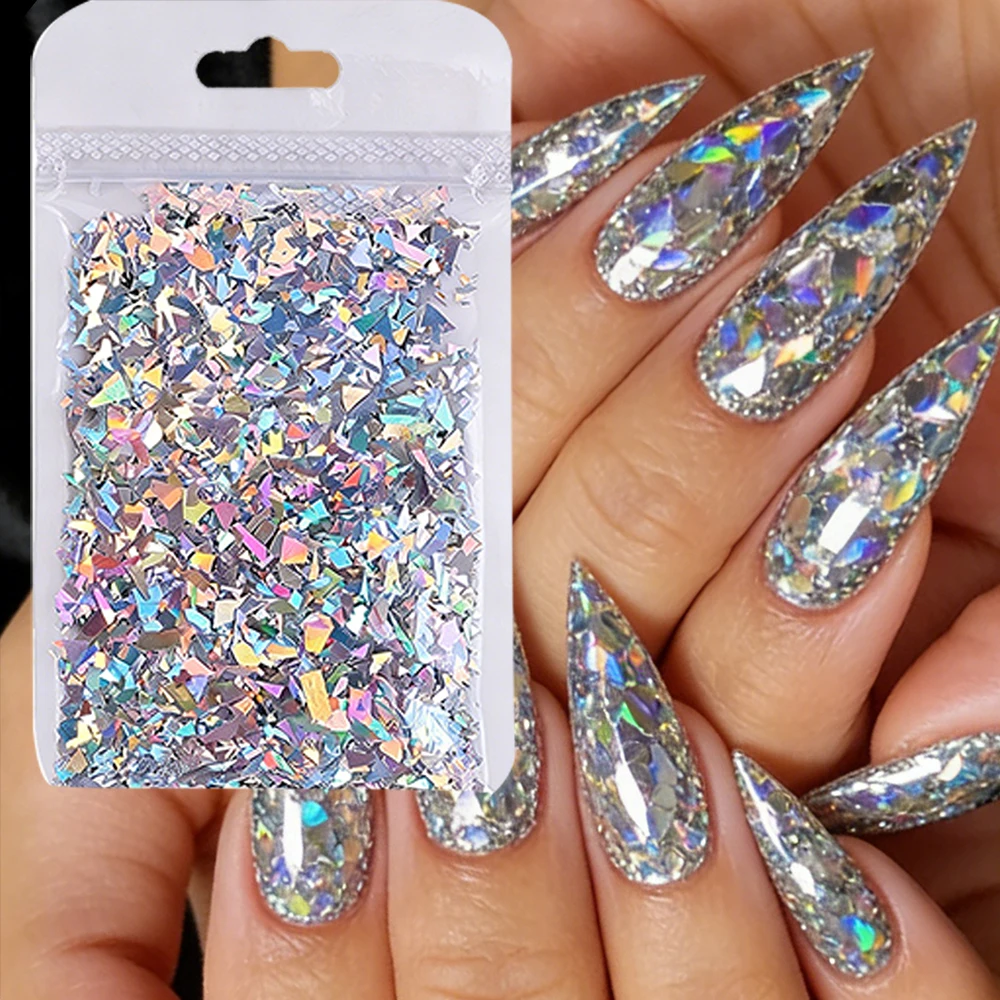 Holographic Laser Silver Irregular Nail Glitter Flakes Sparkly Broken Silver Nail Sequins DIY Shinying Silver Manicure Sequins