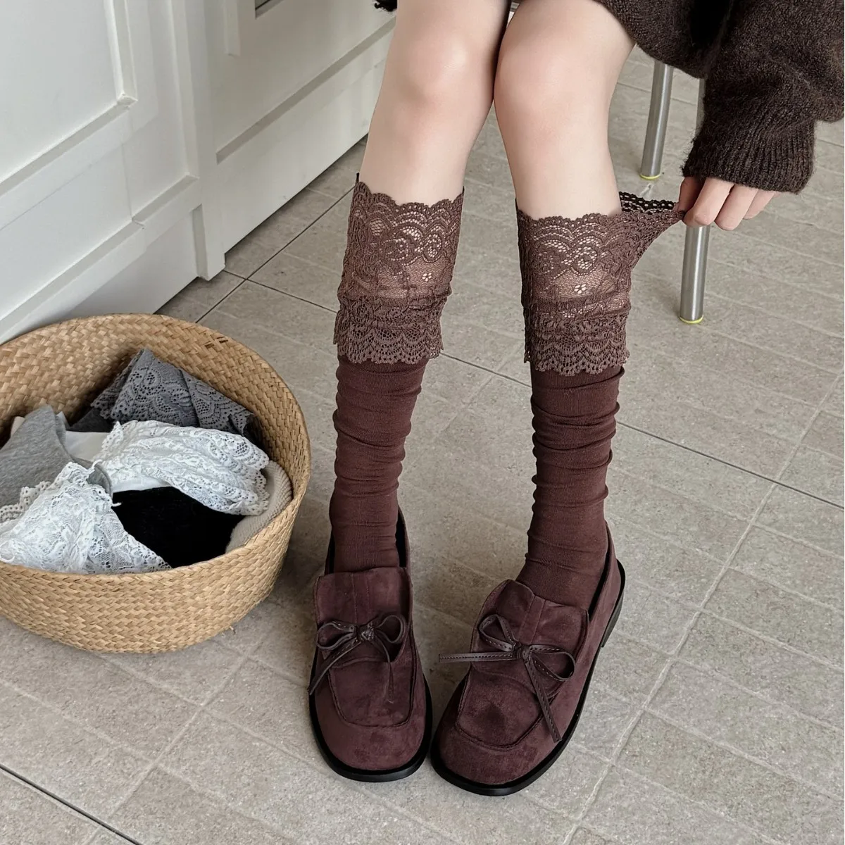 Lace Ruffle Calf Socks For Women,Spring Autumn High‑Tube Ladies Boot Socks Cotton Lolita Sexy Knee‑High Long Socks