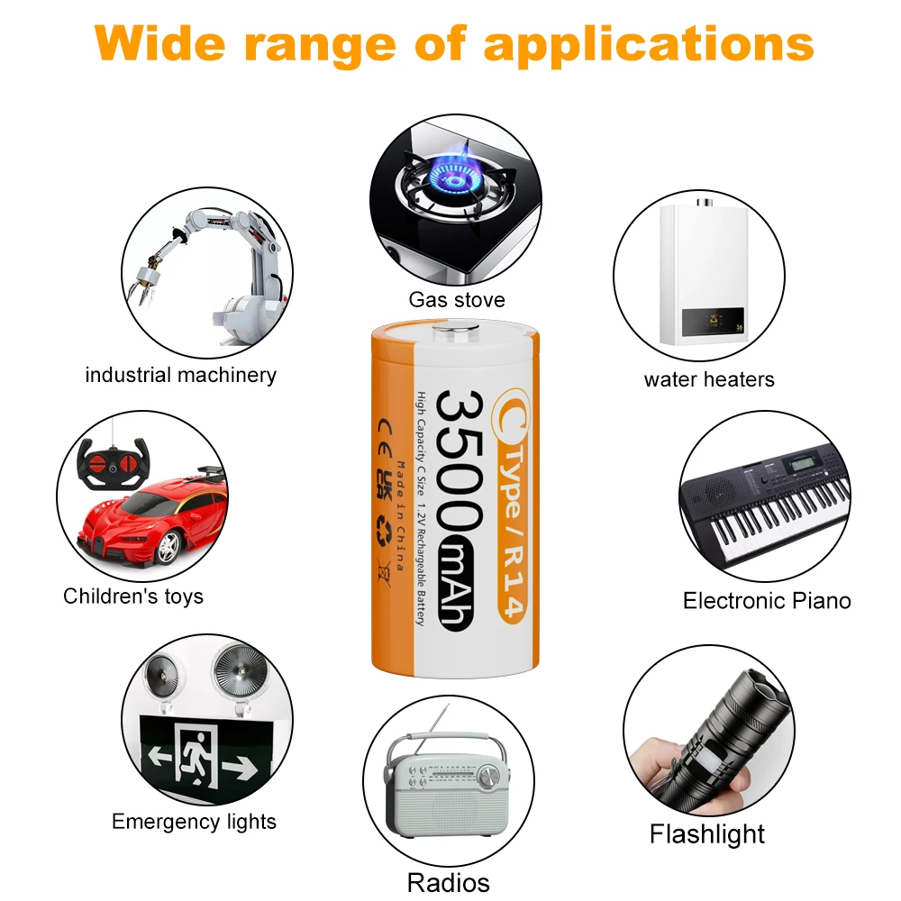 KEPTU C Size NI-MH R14 Rechargeable C Battery LR14 3500mAh 1.2V C Batteries for Gas Cooker Flashlight and LCD AA/AAA/C/D Charger