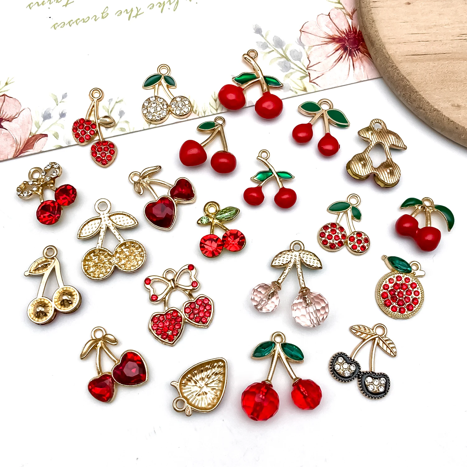 10/20//30pcs Sweet Cherry & Strawberry Alloy Pendants – Diamond-Accented Enamel Craft, Perfect for DIY Earrings, Bracelets, Neck view 4