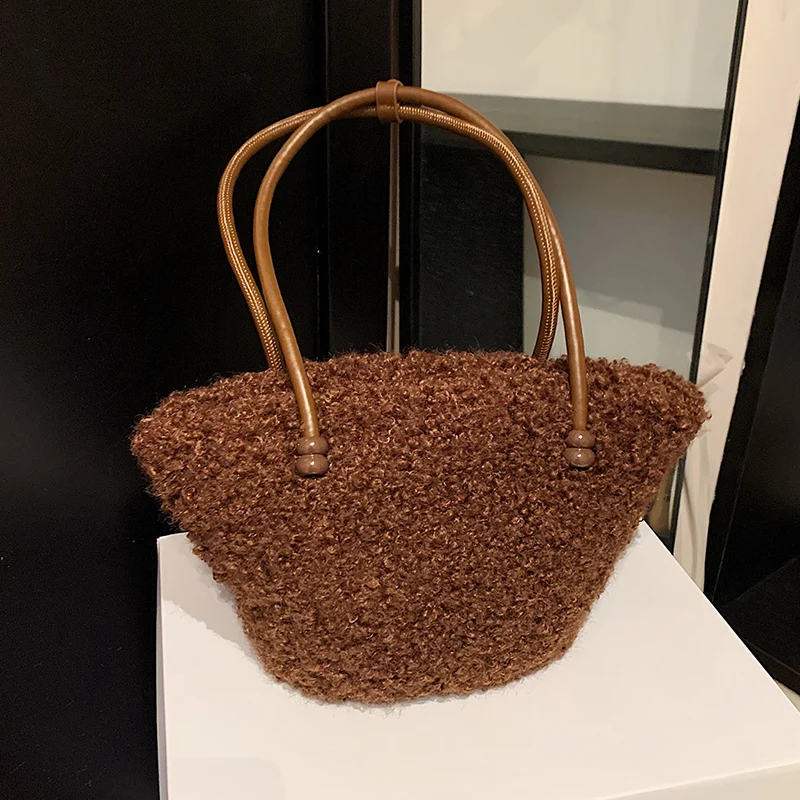 Lamb Woolen Handbag Winter Shopping Bag For Women Brown Coffee Plush Shoulder Bag Ladies Large Capacity Tote Travel Bag