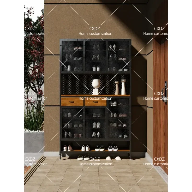 Industrial style iron leather shoe cabinet entry porch cabinet solid wood multi-layer storage cabinet integrated against the