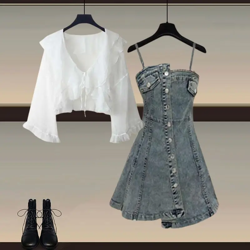 Women's Summer New Fashion Denim Skirt Two-piece Korean Elegant Sunscreen Shirt+Vintage Sling Dress Matching Set Female Suit