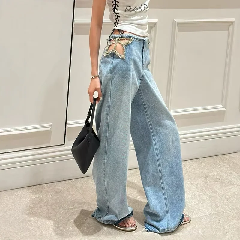 Crystal Embellished Wide Leg Jeans New In Shiny Star Tall Girl Low Waist Cut-out Denim Pants Hot Music Festival Outfit