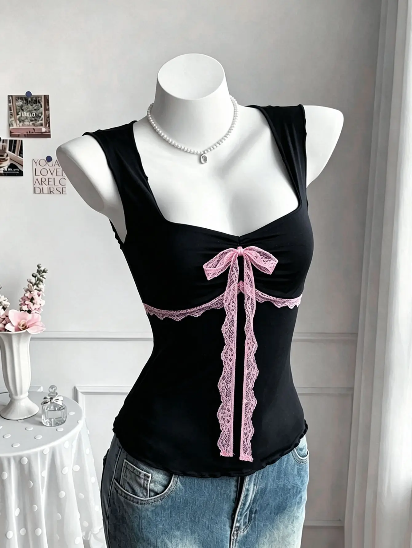 Purely sensual hot girl square-neck sleeveless top summer design delicate lace bow waist short style trendy fashionable top Y2K