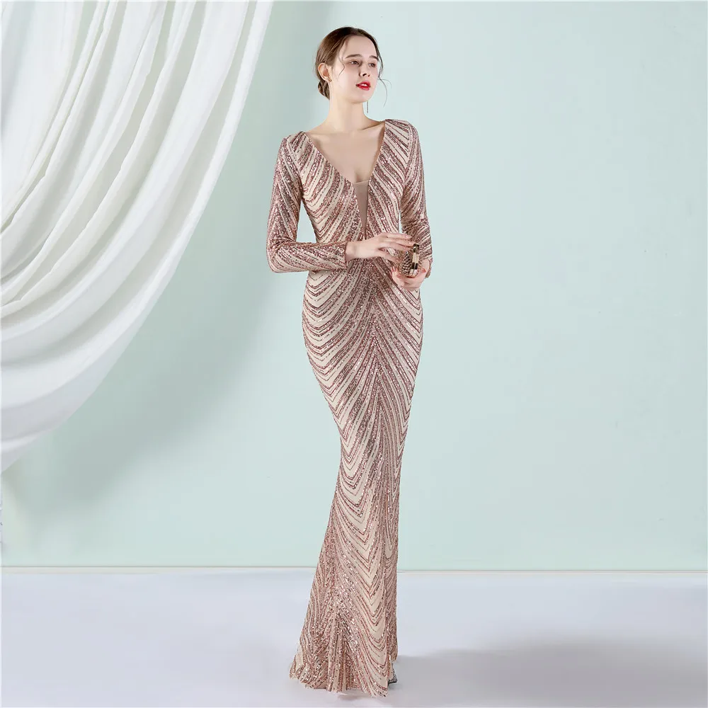 DEERVEADO Mermaid V Neck Sequins Evening Dresses for Woman Elegant Long Sleeves Special Occasion Dress Formal Party Maxi Dress