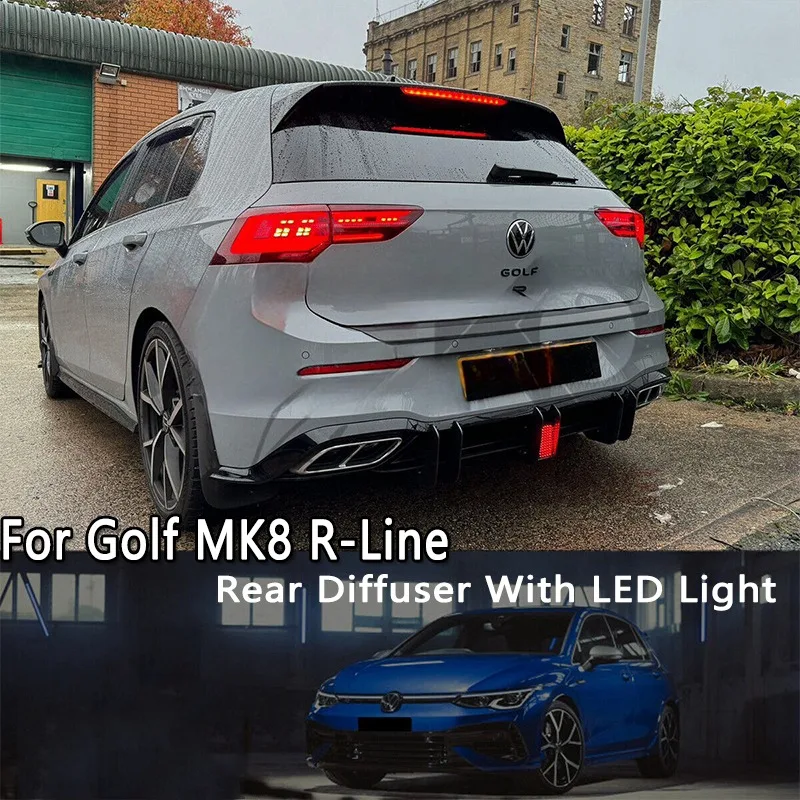 Maxton Style Car Rear Bumper Diffuser with Brake LED Light for VW Golf Mk8 R-Line Golf 8 R-Line 2019-2024 Shark Fins Spoiler