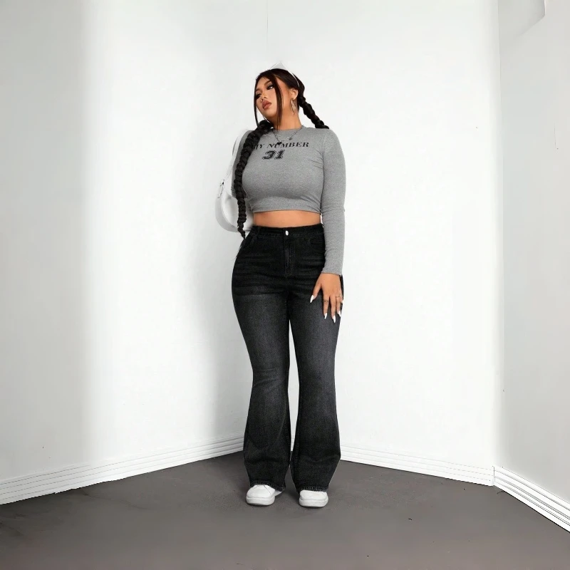 Y2k جينز نسائي أسود رمادي متوهج الدينيم السراويل خمر عالية الخصر تمتد Bootcut بنطلون موضة عصرية لباس غير رسمي #3