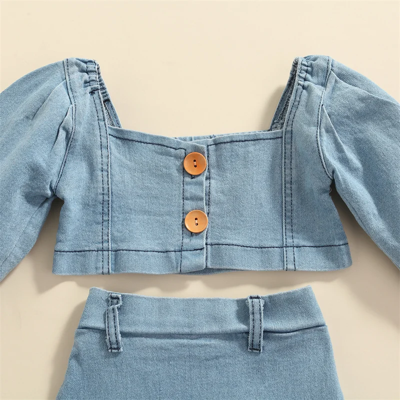 Set pakaian anak perempuan, atasan Crop Denim kancing bawah lengan Puff panjang warna polos + rok lipit 2 potong