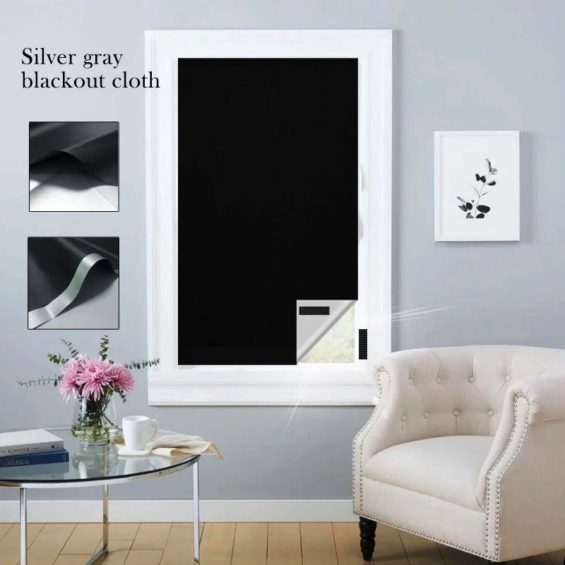 (Silver black) Silver black full blackout cloth - heat-insulating sunshade - cordless design, 3 sizes to choose from