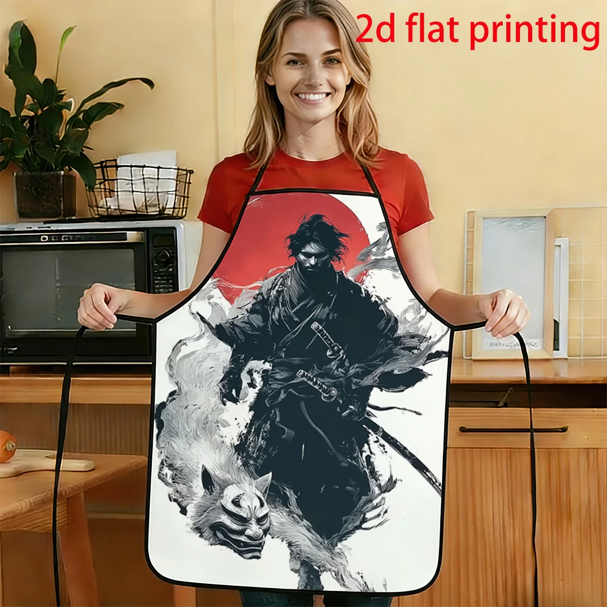 1pc 2D Flat Apron With Samurai And Mythical Creature Under The Red Sun Print Durable And Easy To Clean Adjustable Waistband Avai