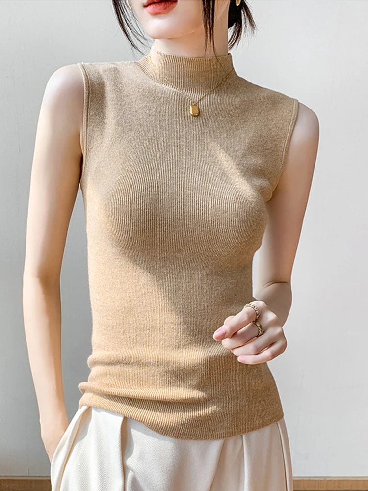 Sexy Summer Turtleneck Tank Tops Women Ribbed Sleeveless Solid Slim Top Female Sleveless Camisole Vest Casual Knitted Camis 2024