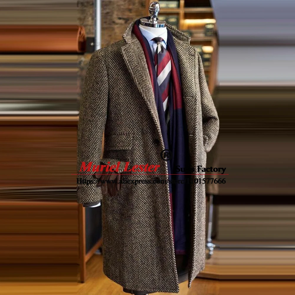 Customized Winter Men Trench Coat Long Brown Herringbone Wool Blend Single Breasted Suit Jackets Groomsan Overcoat Man Blazer